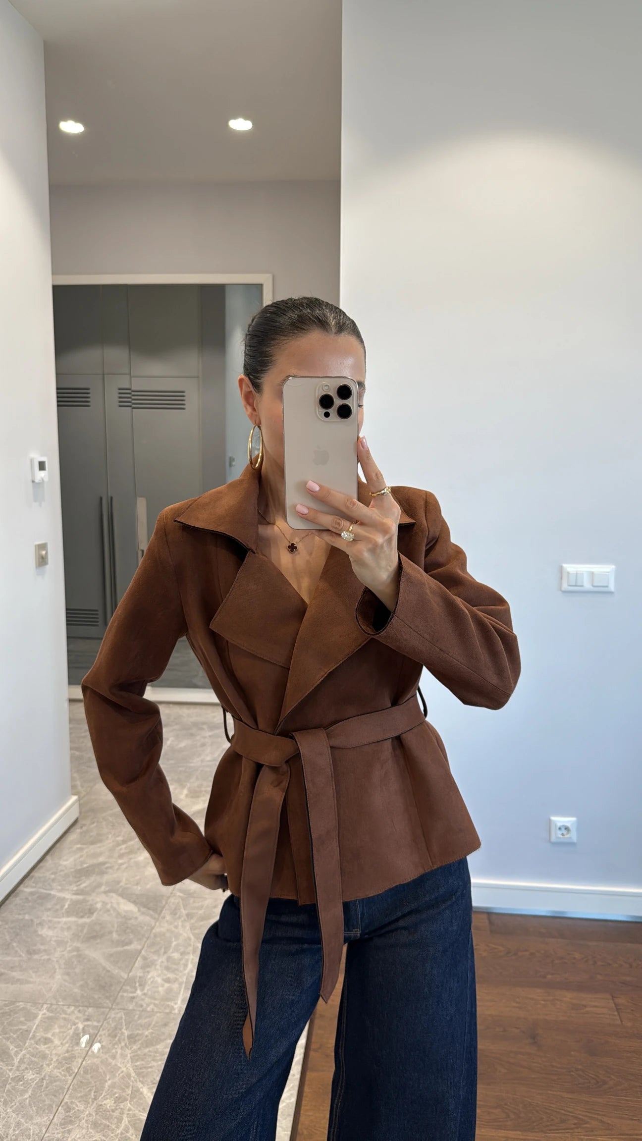 Faux suede belted jacket