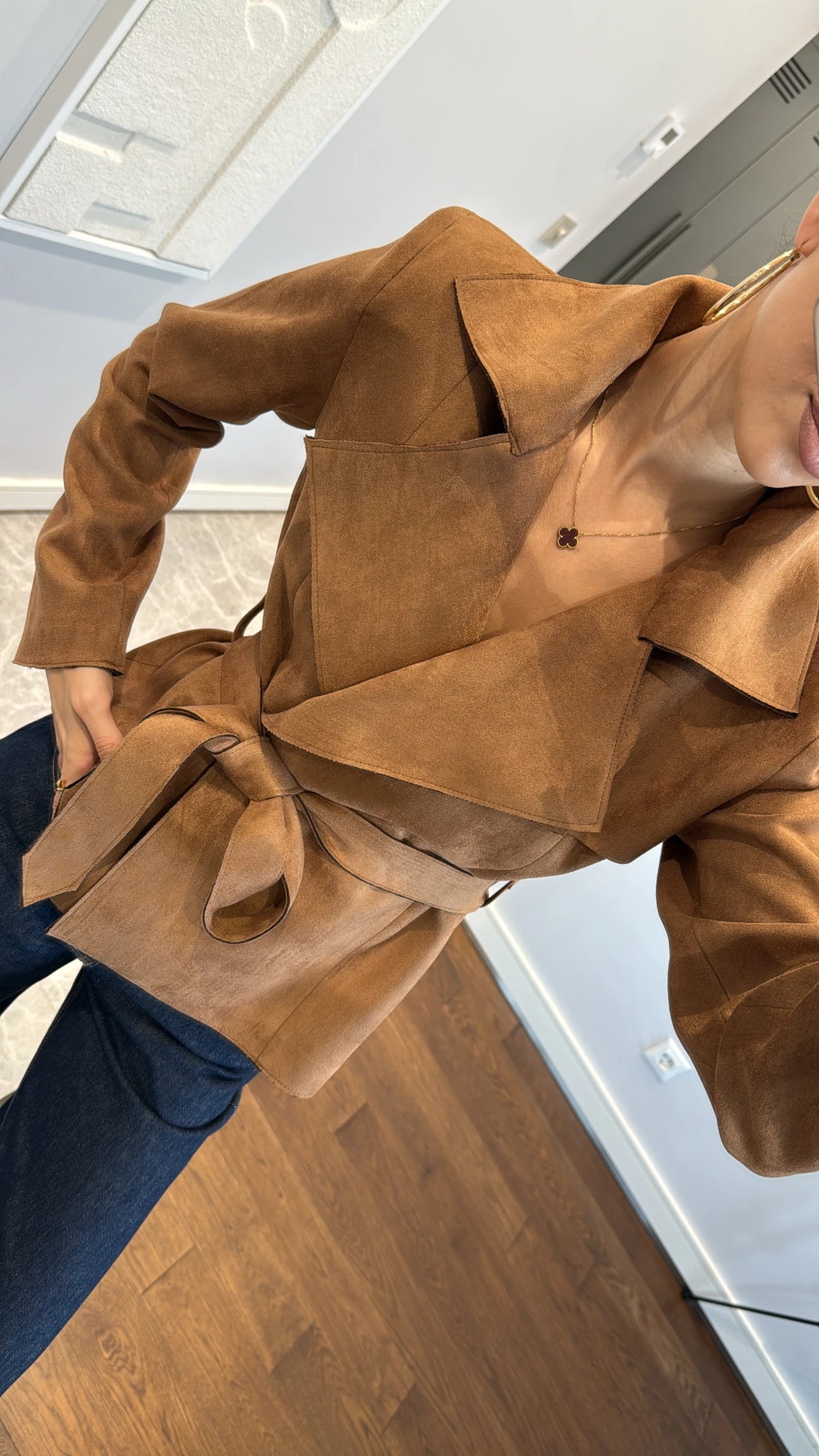 Faux suede belted jacket