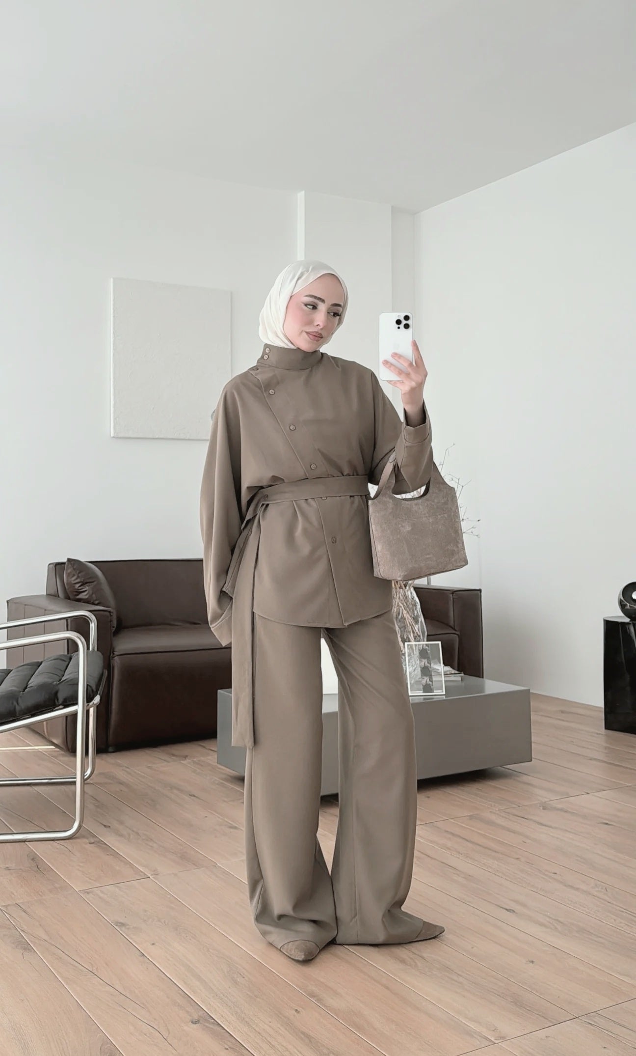 Belted side buttons shirt ,waistband straight leg trouser co-ord set-khaki