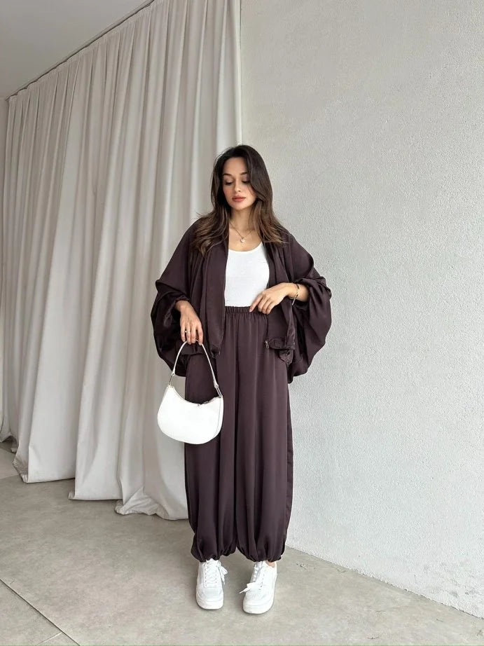 oversized satım bomber, waistband balloon leg trouser with strap co-ord set