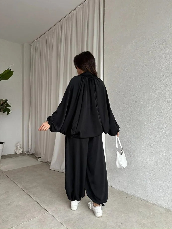 oversized satım bomber, waistband balloon leg trouser with strap co-ord set