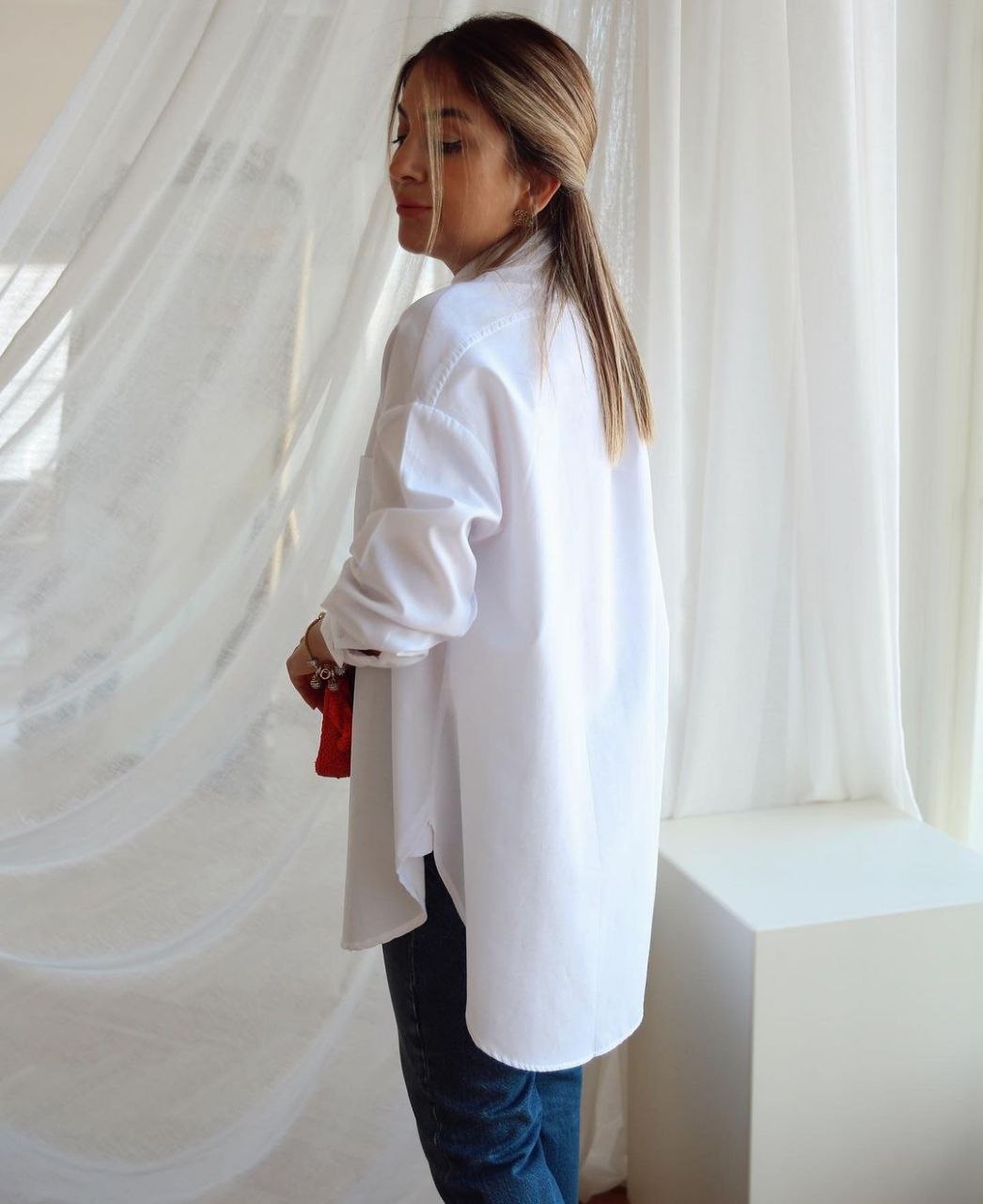 Oversized poplin shirt with strass buttons