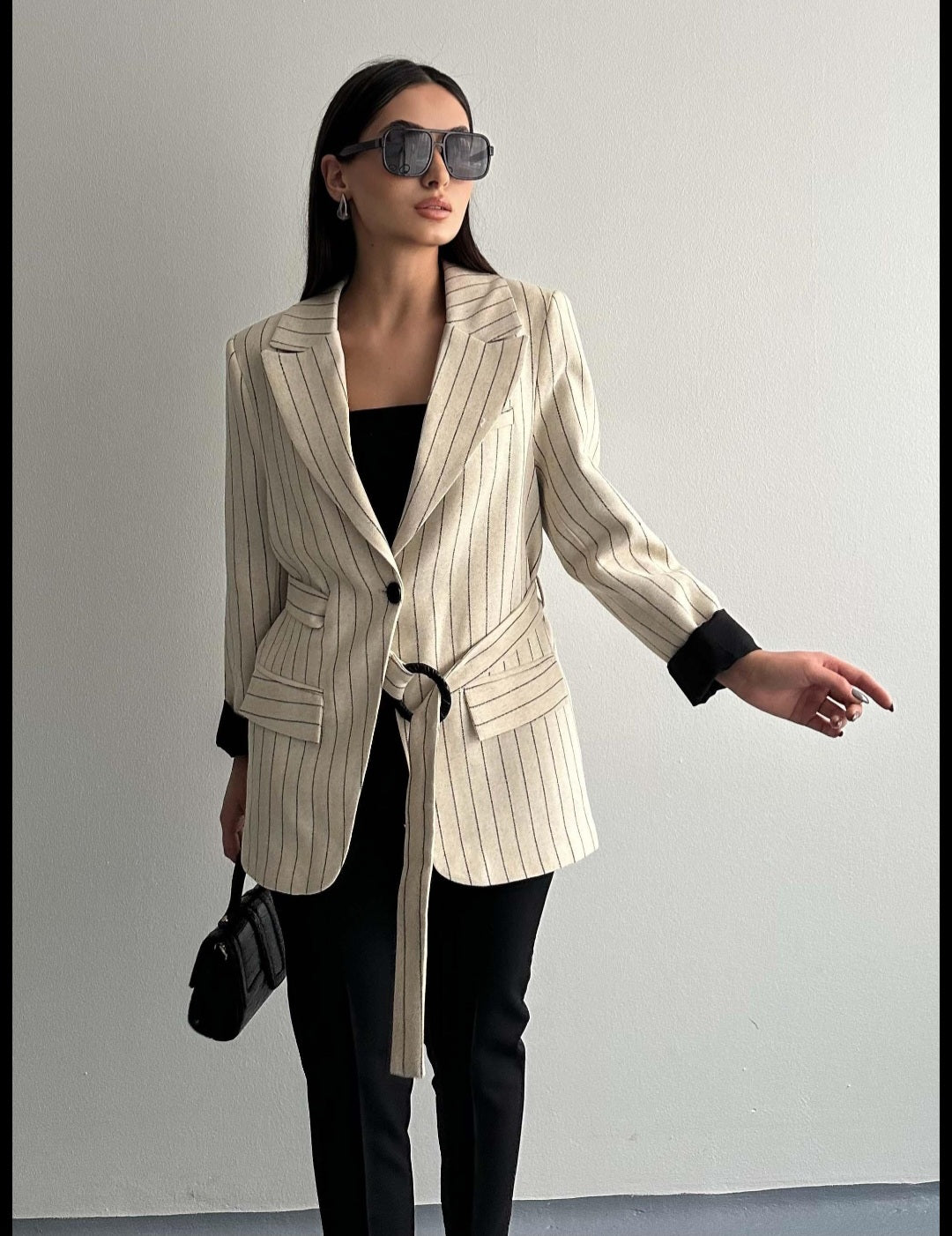 Striped blazer with side belt