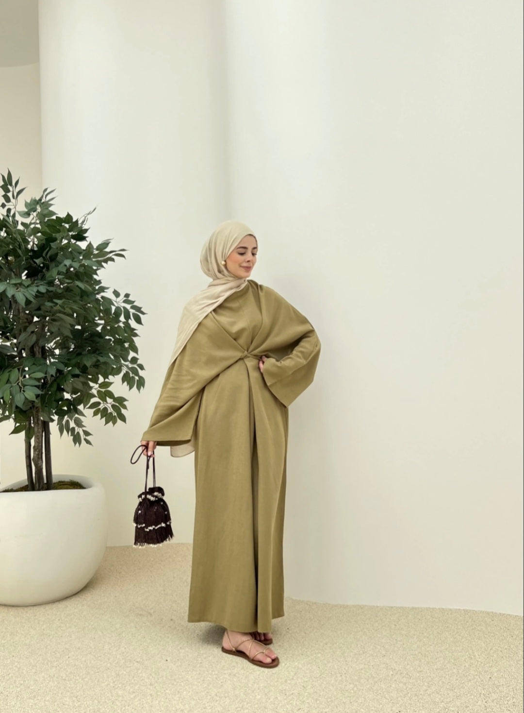 Wide sleeve belted linen dress