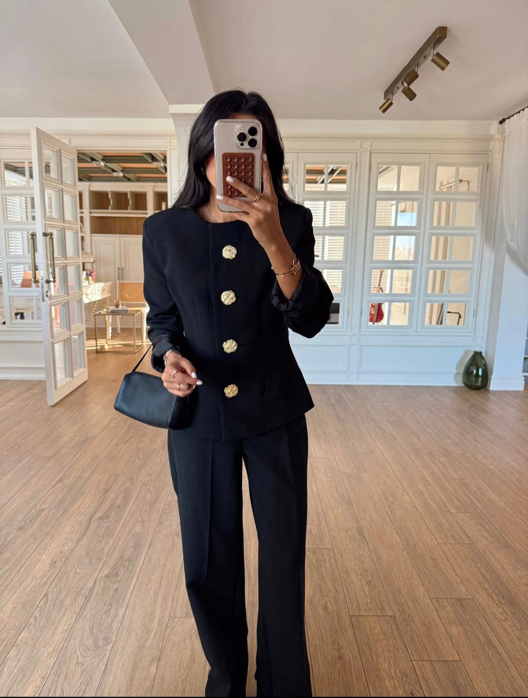 ZARA model gold buttons suit