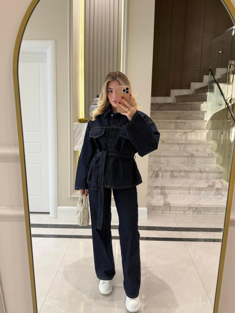 Belted jeans jacket with straight leg trouser co-ord set