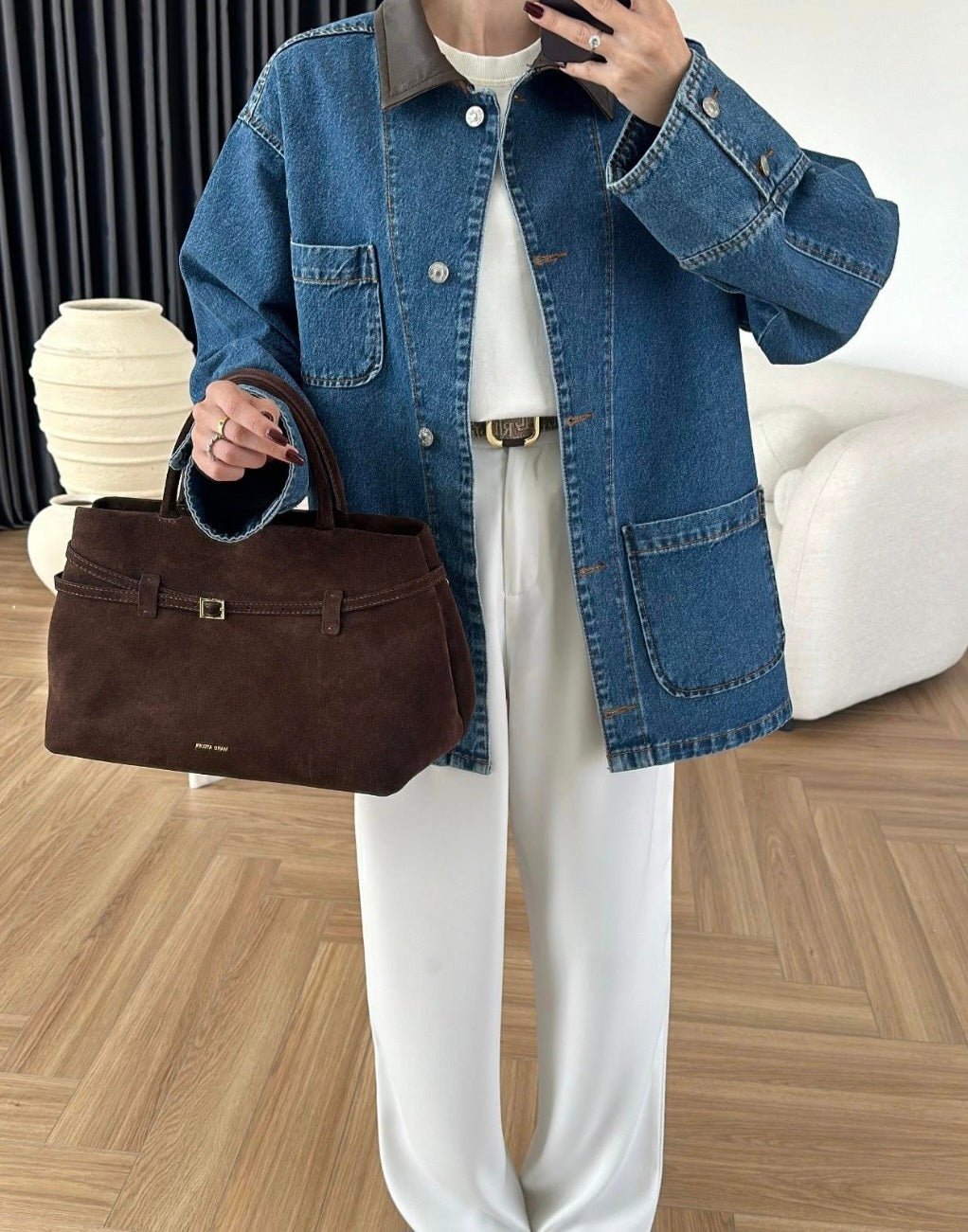 jeans Jacket with leather collar