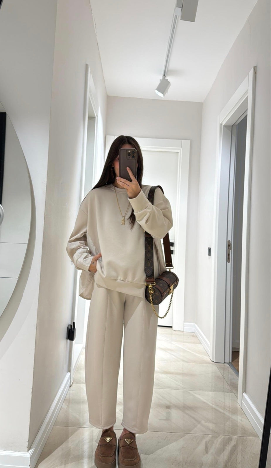 Long sleeve blouse with shirt details, barrel leg pants Oysho fabric Two-Piece Set