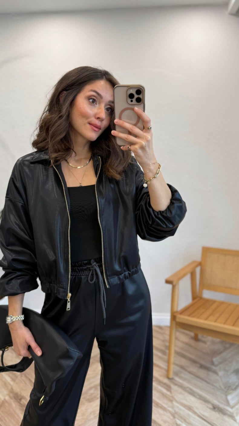 Bomber leather Jacket with wide leg trouser co-ord set