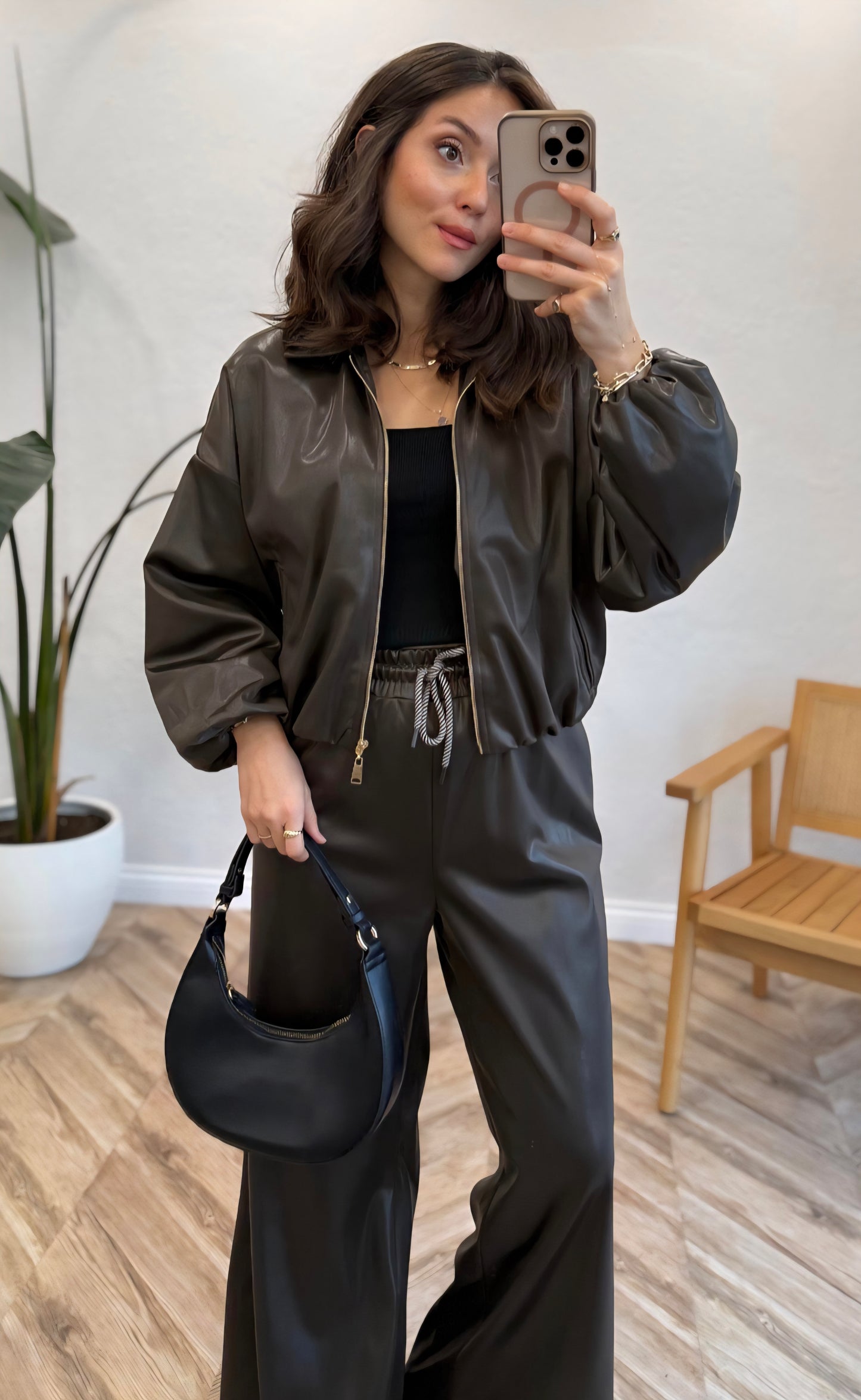 Bomber leather Jacket with wide leg trouser co-ord set