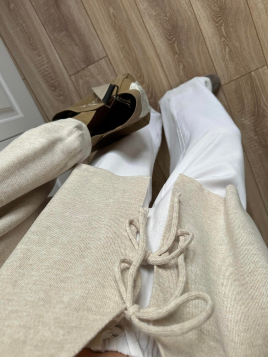 Beige Knit Cardigan with Tie Front