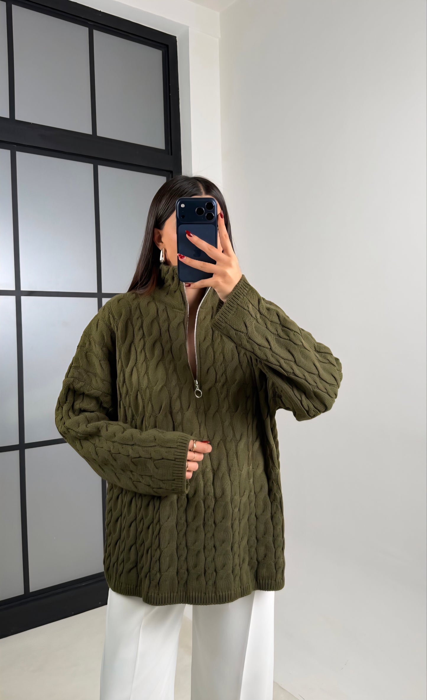 Half Zip Knitted Braided Textured Jumper