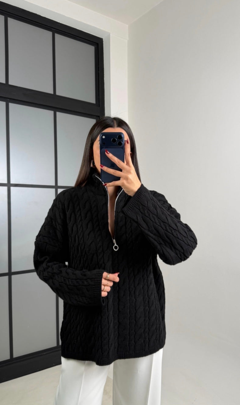 Half Zip Knitted Braided Textured Jumper