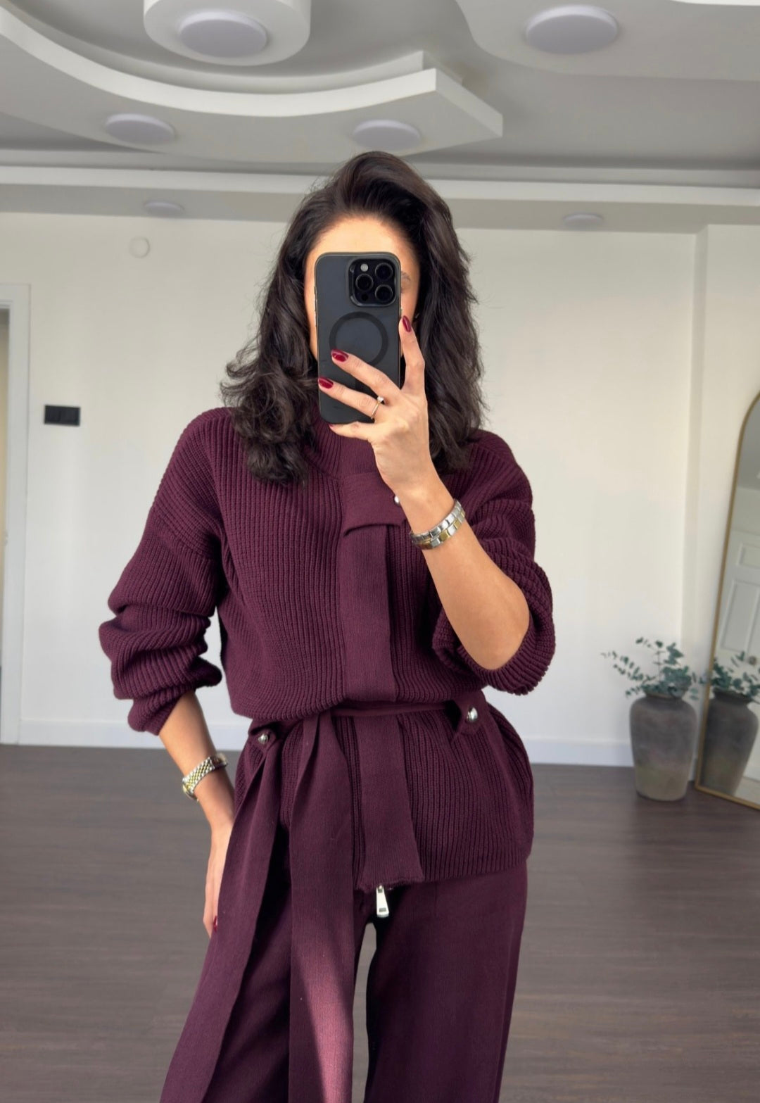 STAND-UP COLLAR BELTED KNITWEAR SET