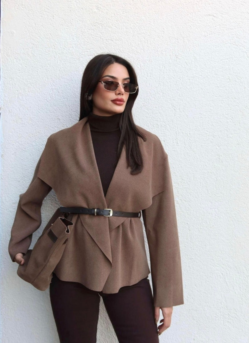 Cashmere Textured Shawl Collar Belted Jacket