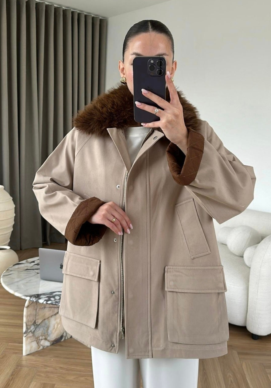 Suede Quilted Lined Jacket with removable fur collar