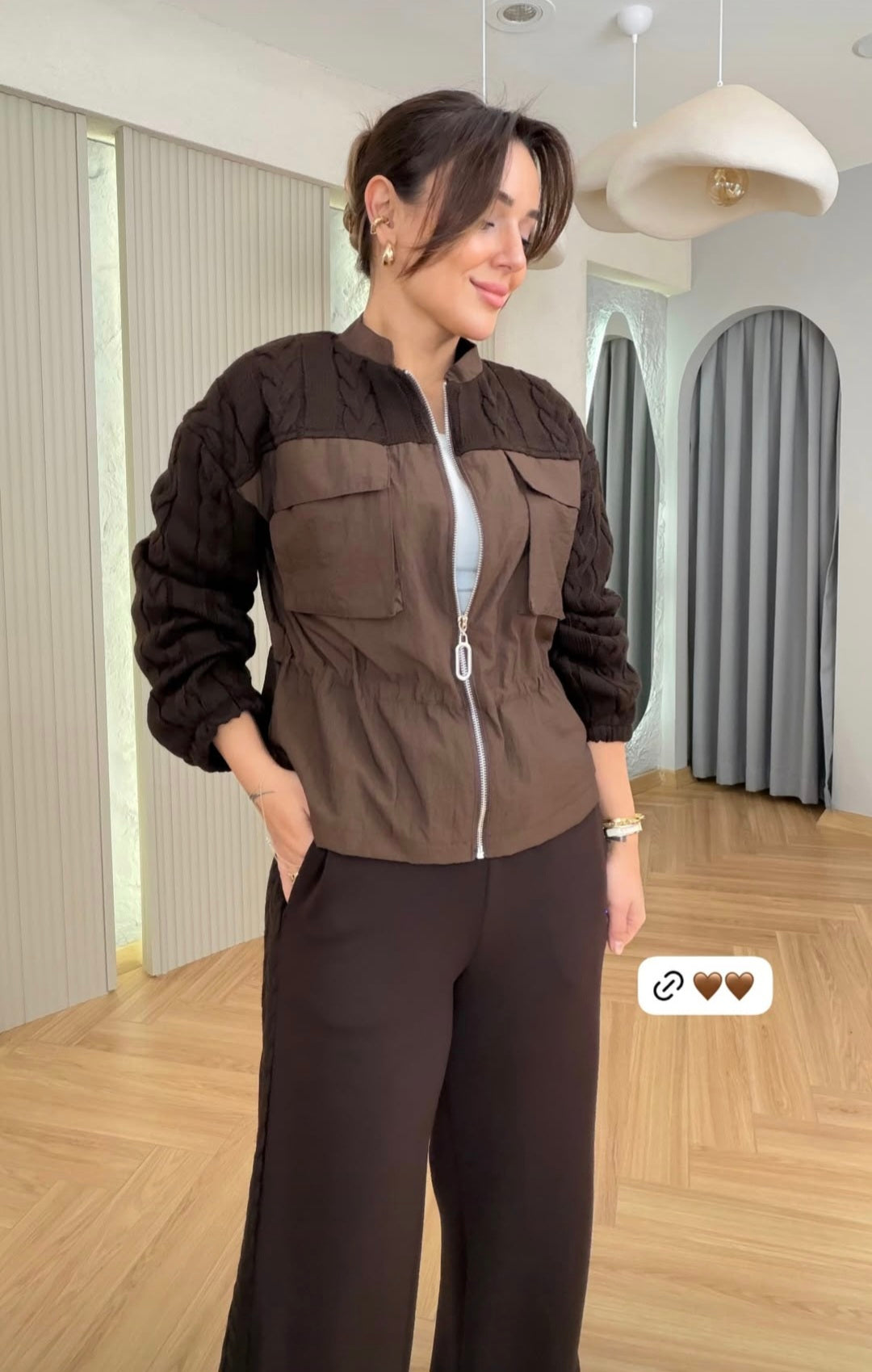 Brown parachute fabric Equivalent Knitted details Set with oysho fabric Trim