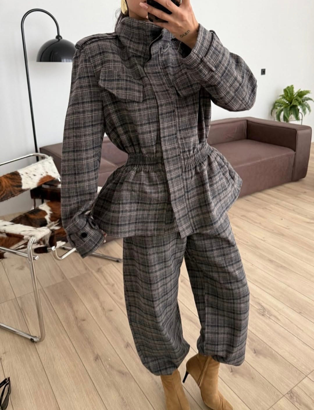 Check Peplum Wool Blend Jacket whit straight trouser co-ord suit