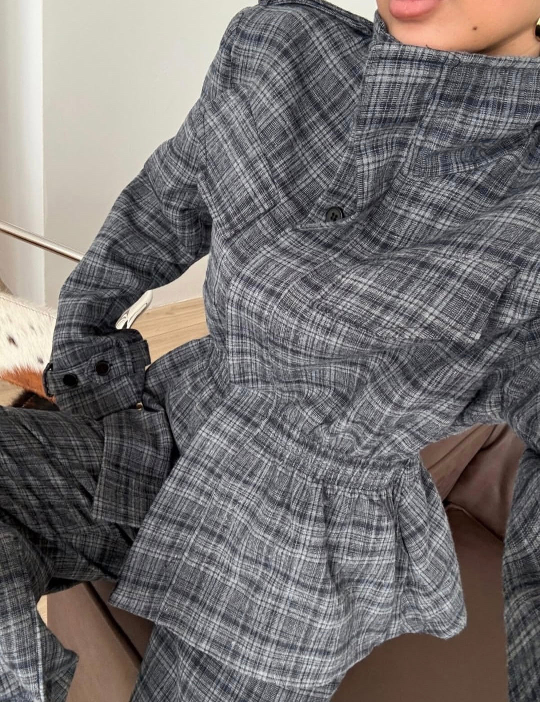 Check Peplum Wool Blend Jacket whit straight trouser co-ord suit