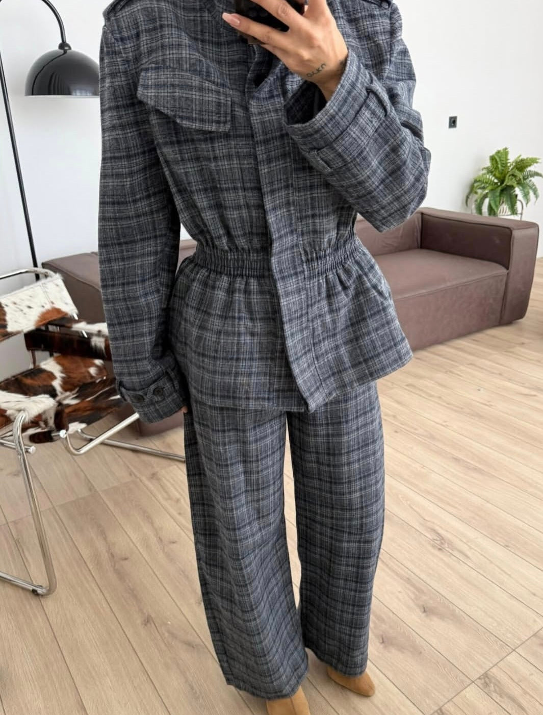 Check Peplum Wool Blend Jacket with straight trouser co-ord suit