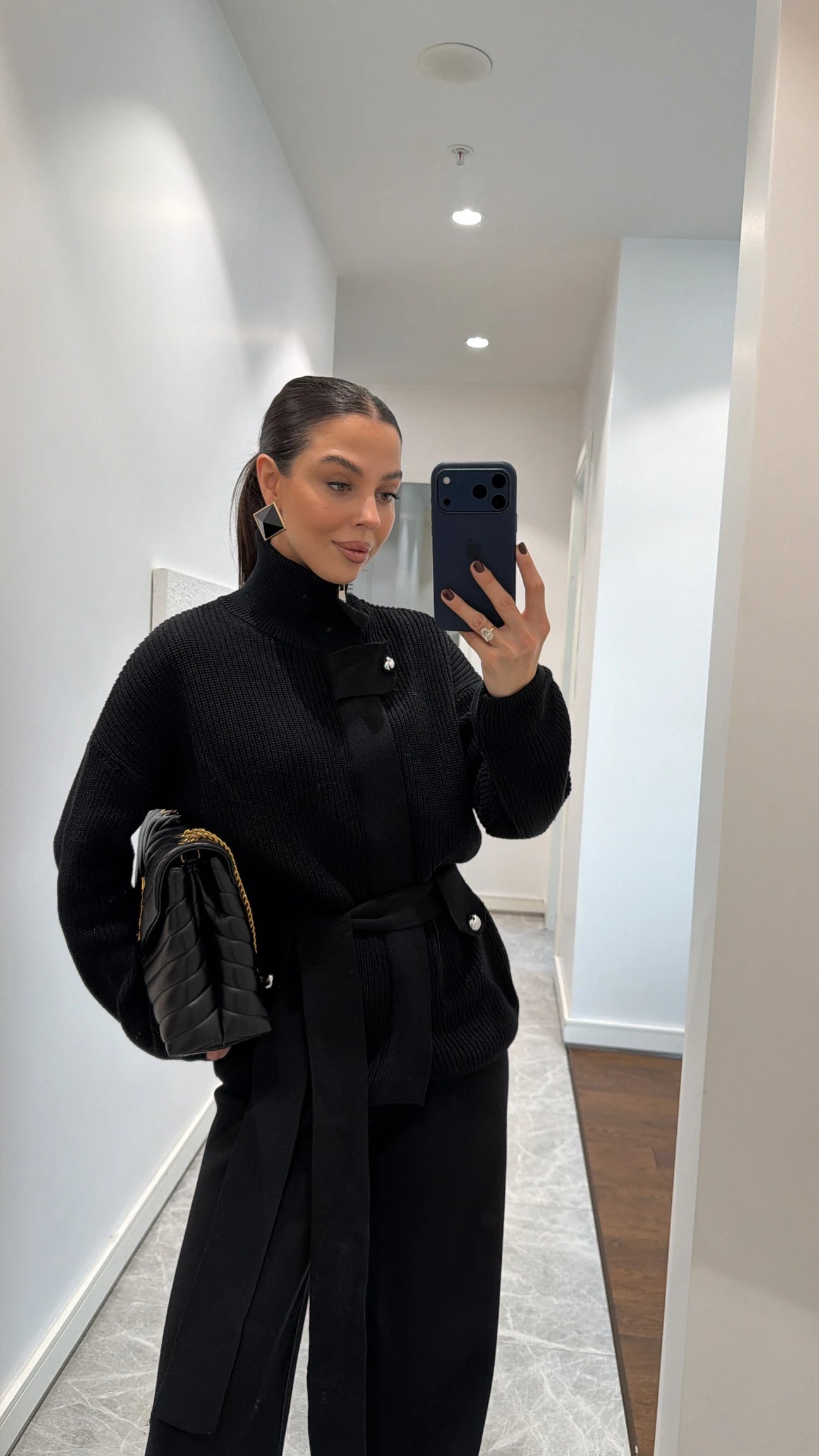 STAND-UP COLLAR BELTED KNITWEAR SET