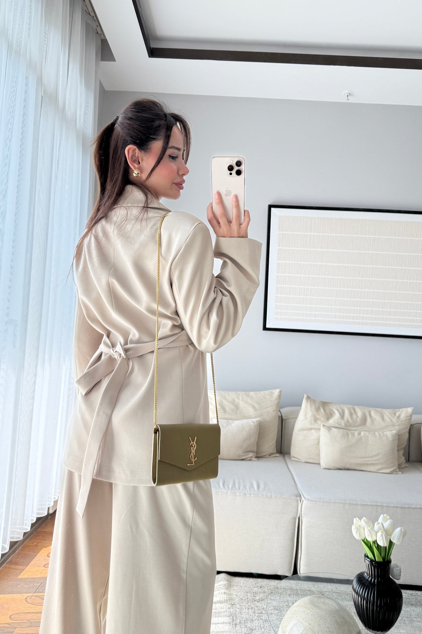 Beige Elegance lace-up Wrap jacket with straight-leg trouser suit