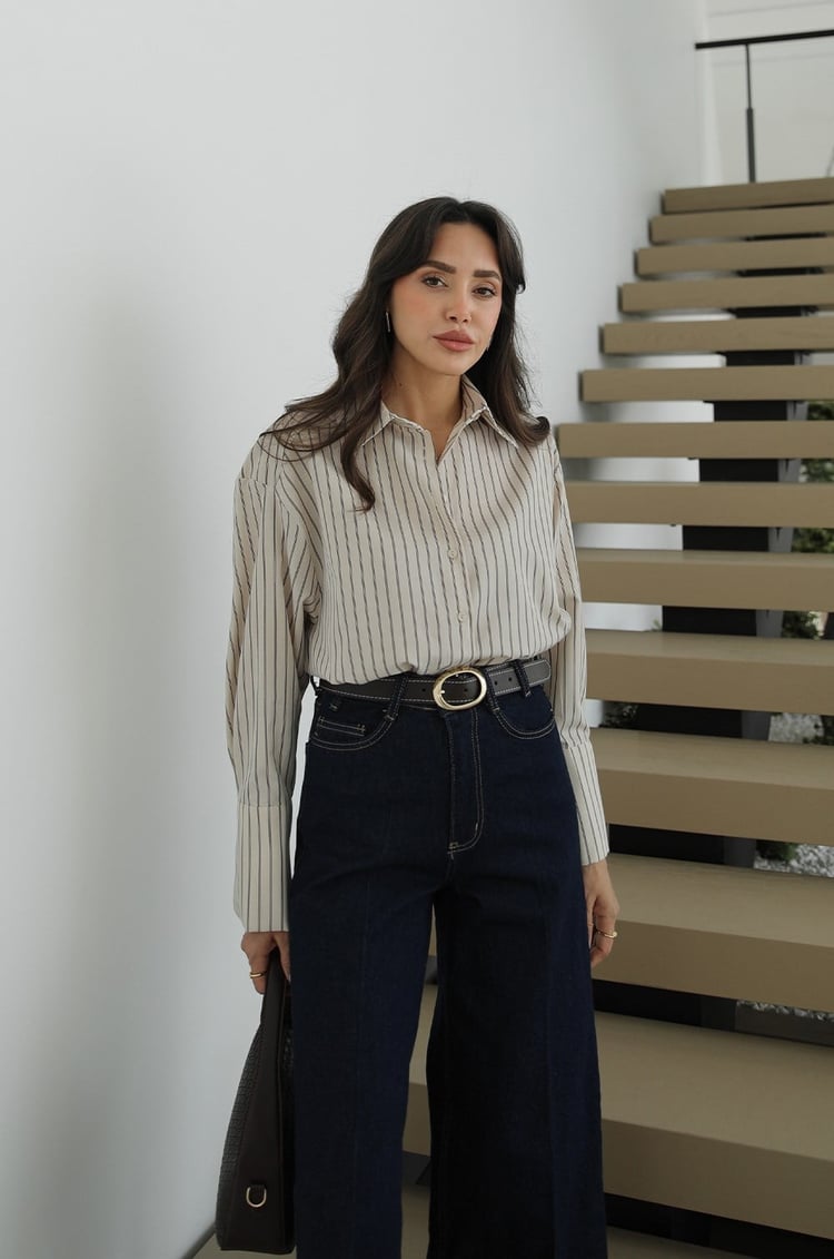 Beige Striped Shirt with Pleated Back