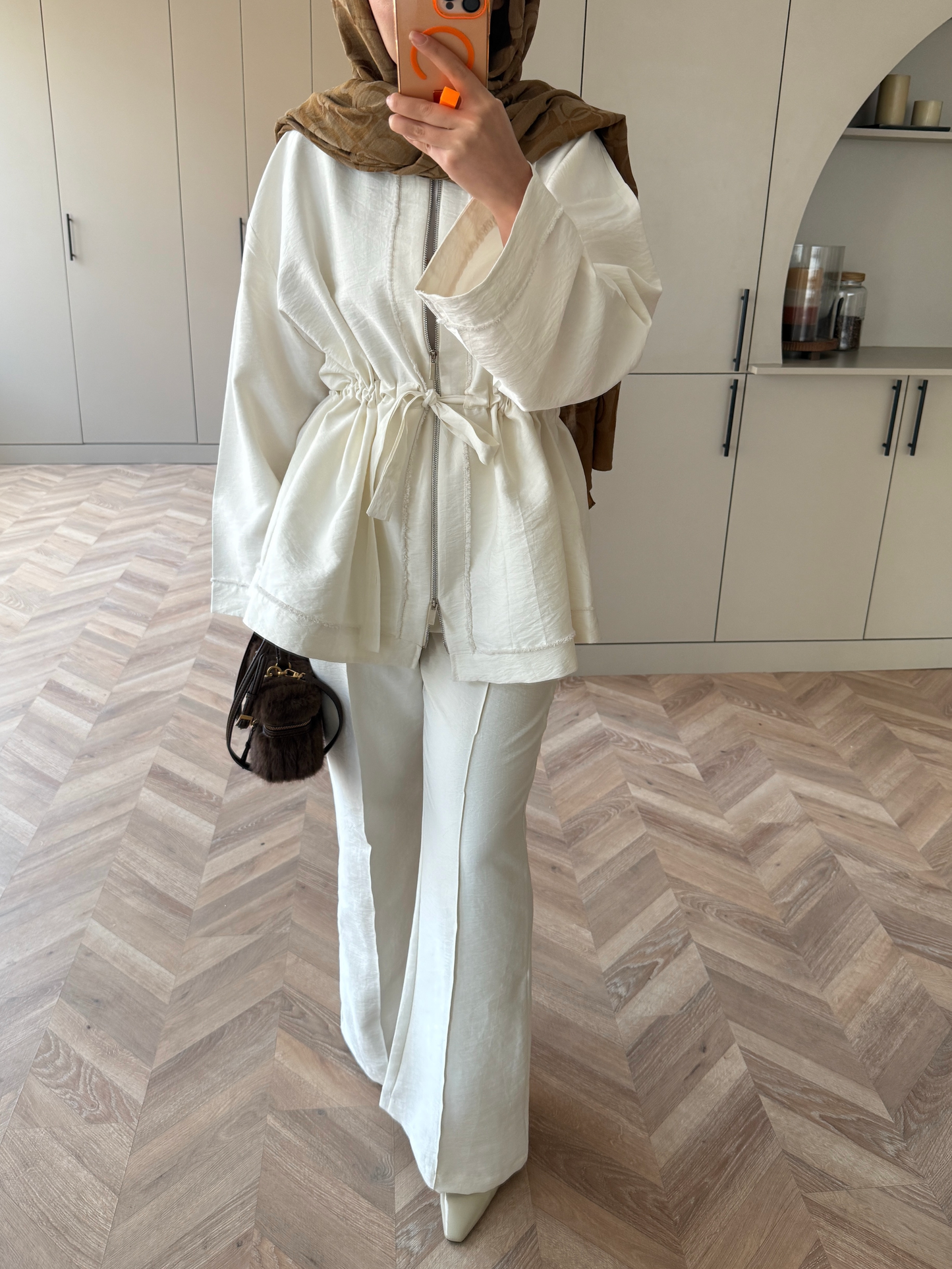 Cobra fabric jacket with a drawstring waist with straight leg trousers co-ord set- pearl white