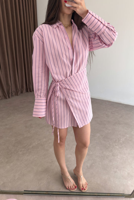 Striped Pink Tie-Up Shirt Dress