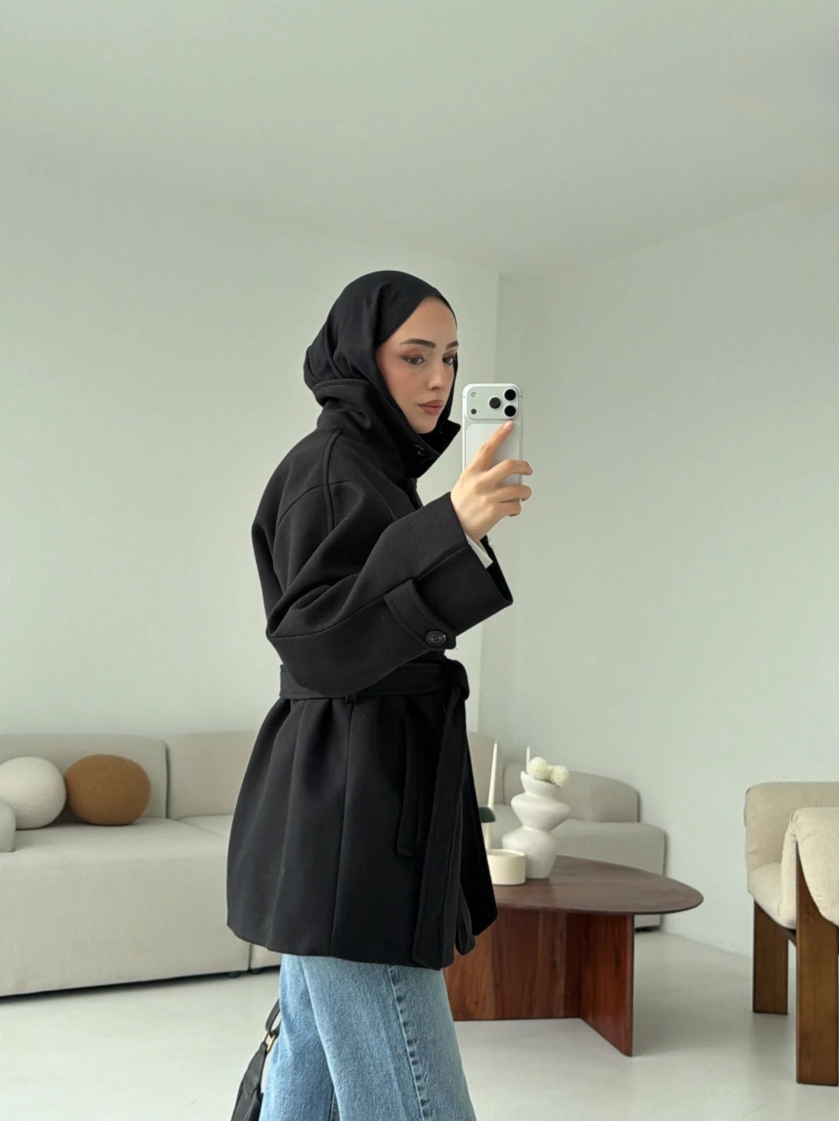 Belted felt Cashmere Coat-black