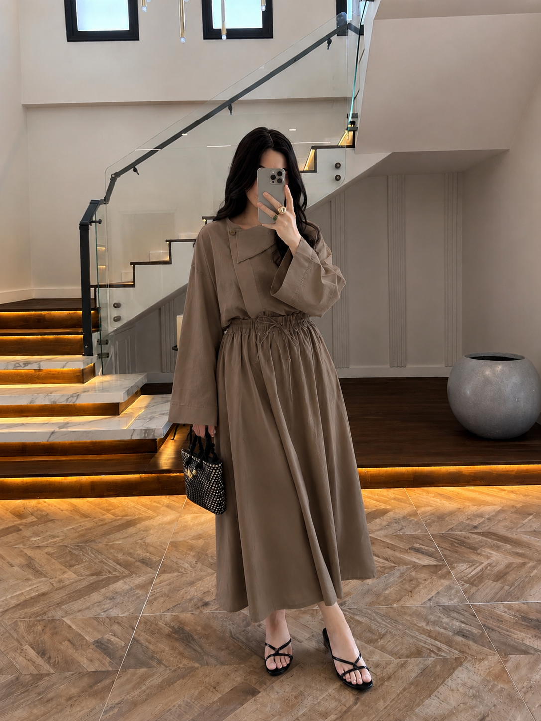 Asymmetric Collar with skirt set - taupe brown
