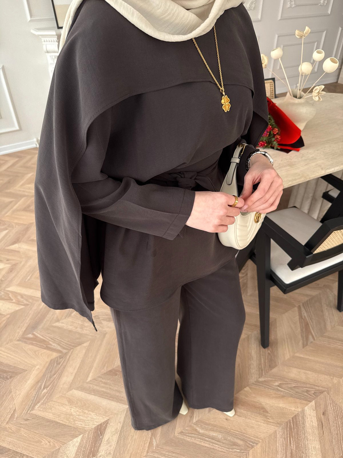 Brown Cape Style Two-Piece Set