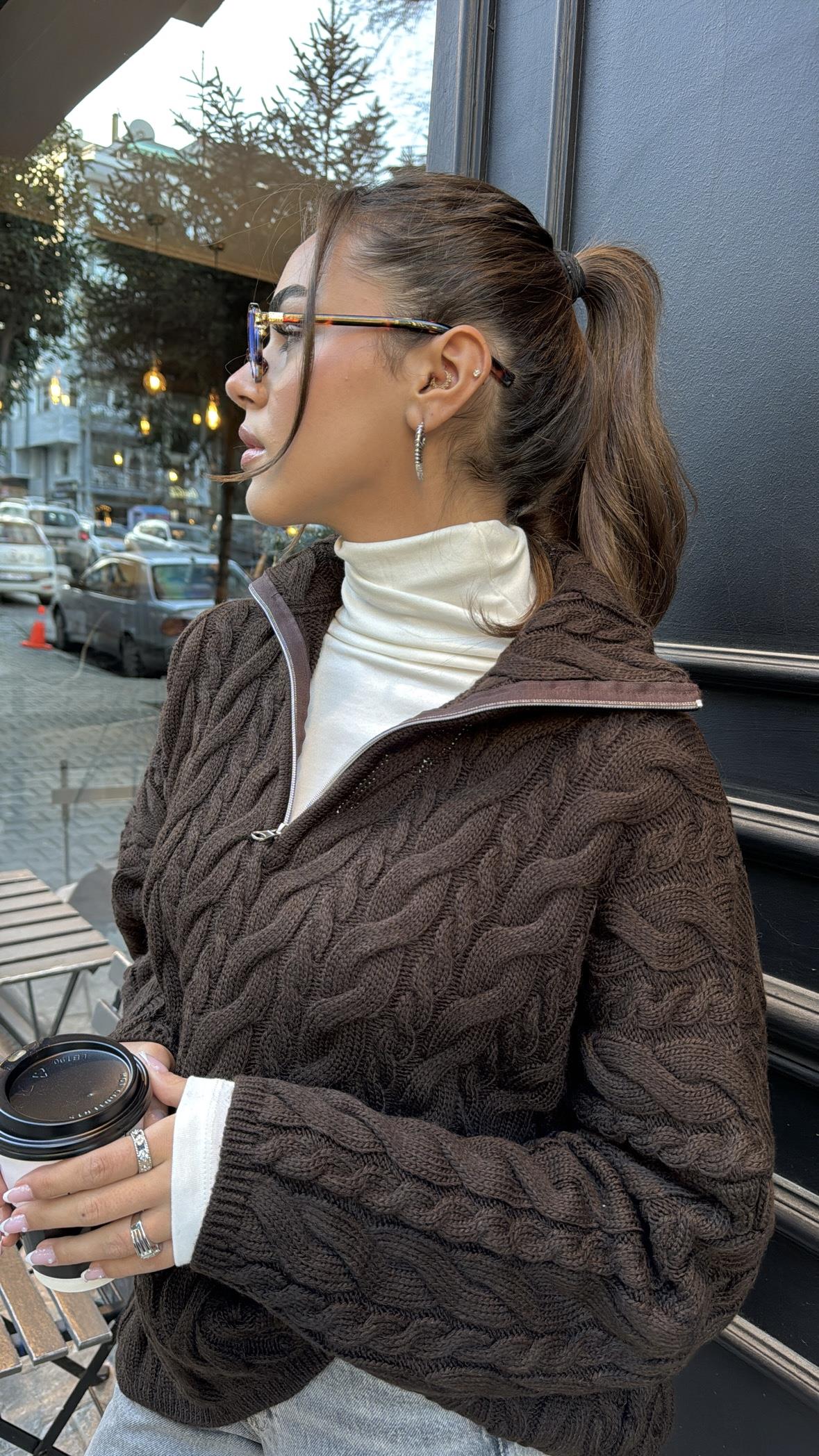 Half Zip Knitted Braided Textured Jumper