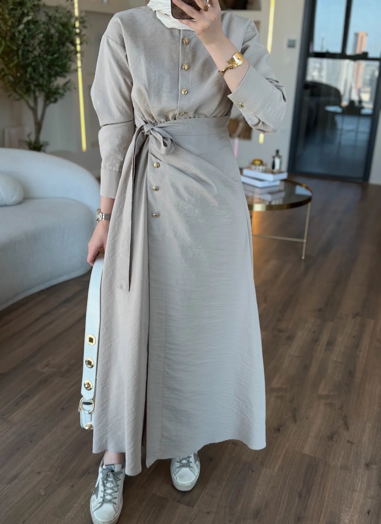 Wrap Dress in Cupro Fabric with Gold Buttons