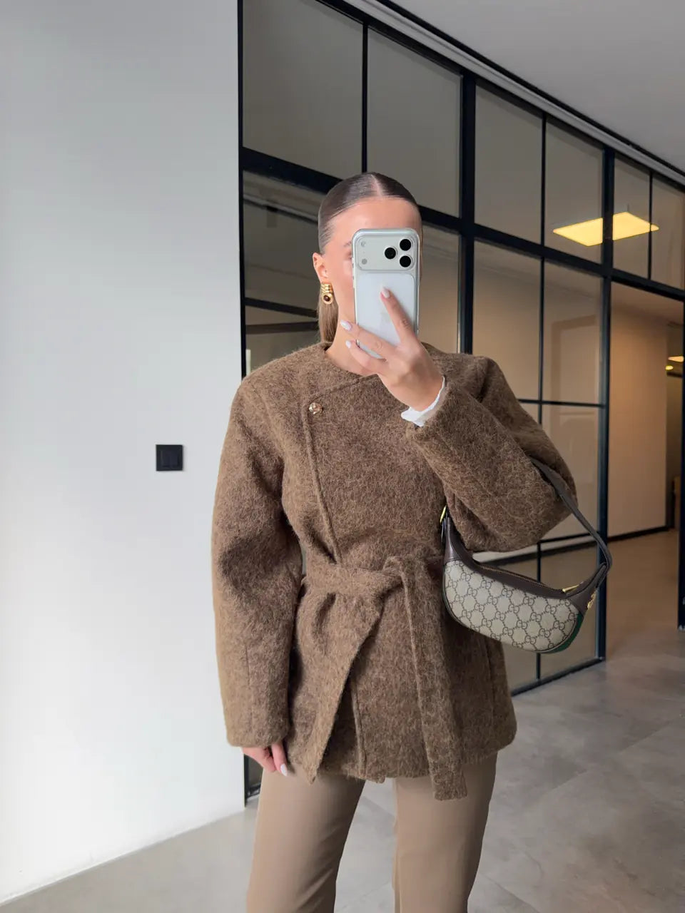 Short belted Cachet Coat With Gold Buttons