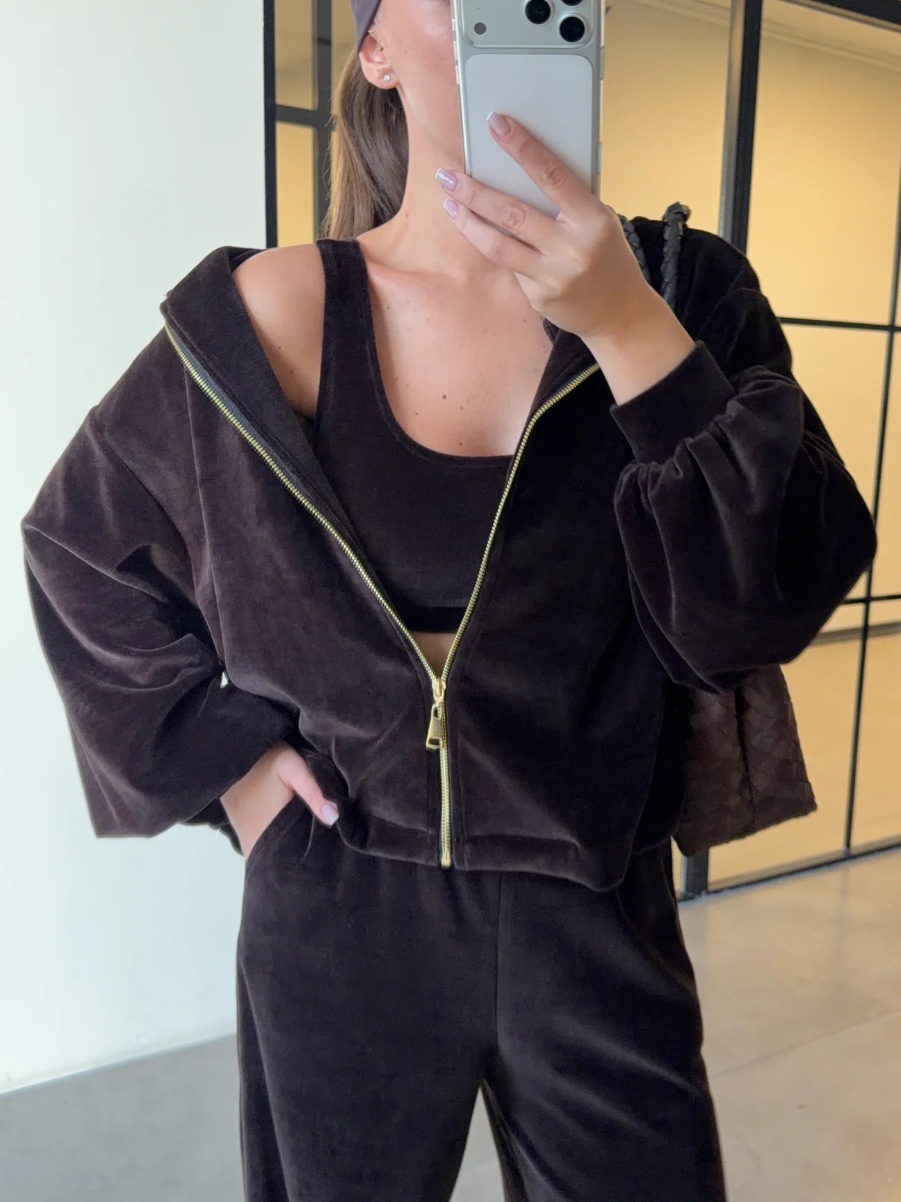 Brown Velvet Textured Zip-Up Sweatshirt Bustier with wide leg pants co-ord set