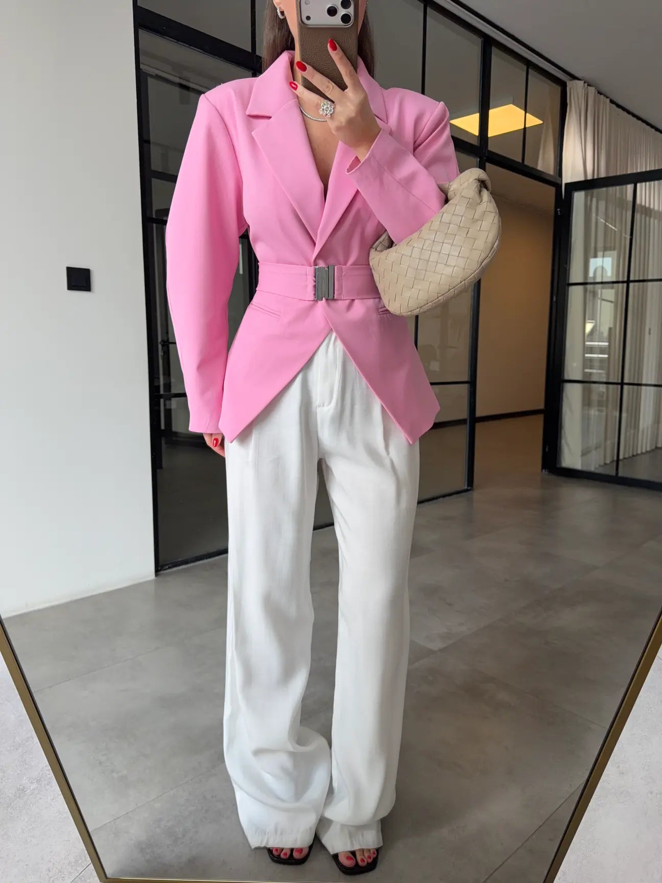 Pink Double-Breasted Jacket with Belt Detail