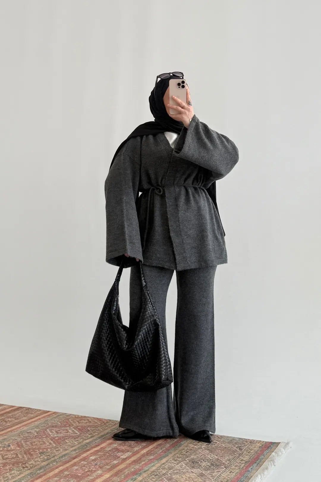 Dark grey Belted Cardigan, Elastic Waist Trousers Knitted Set