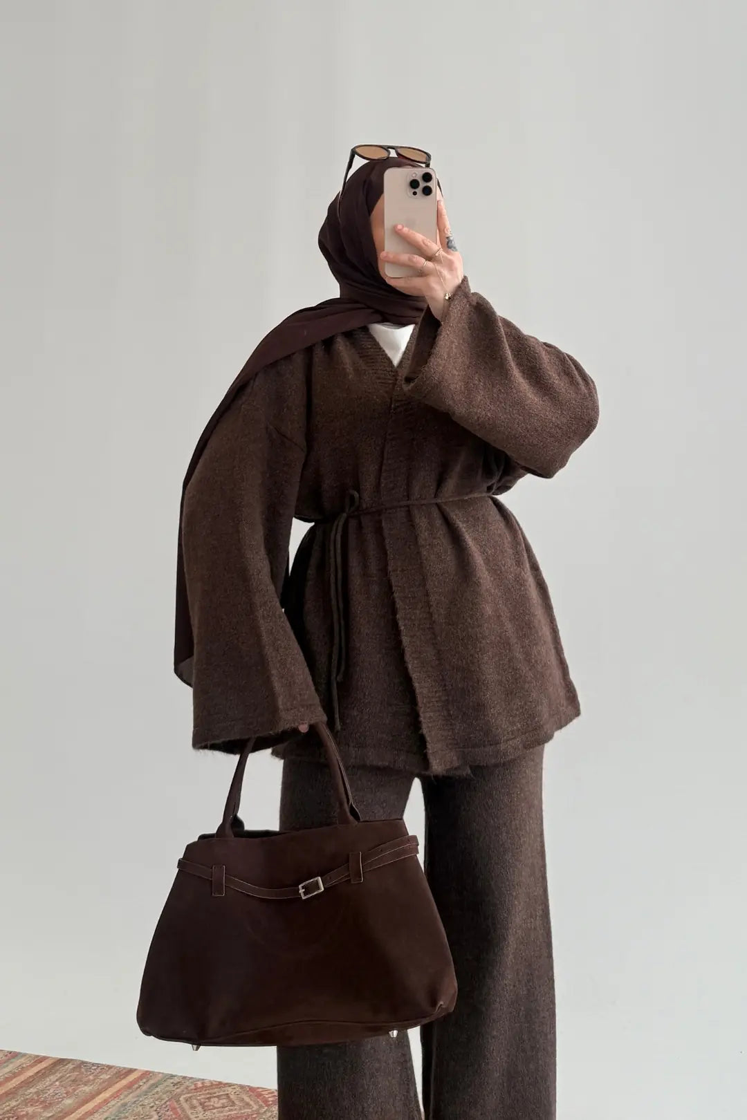 Dark Brown Belted Cardigan, Elastic Waist Trousers Knitted set