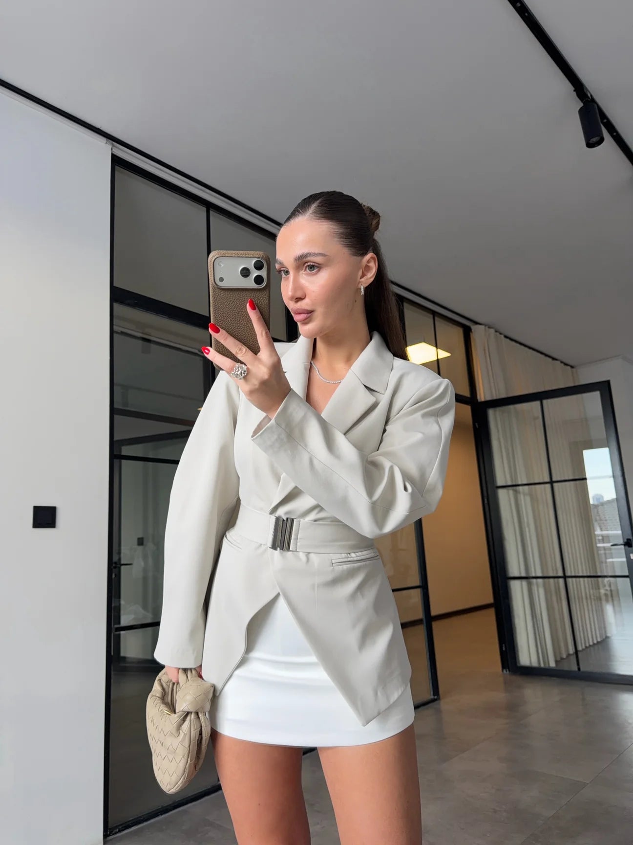 Beige Double-Breasted Jacket with Belt Detail