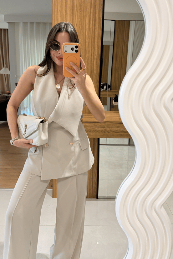 Plum Asymmetric Collar Gold Buttoned Vest and Trousers Set