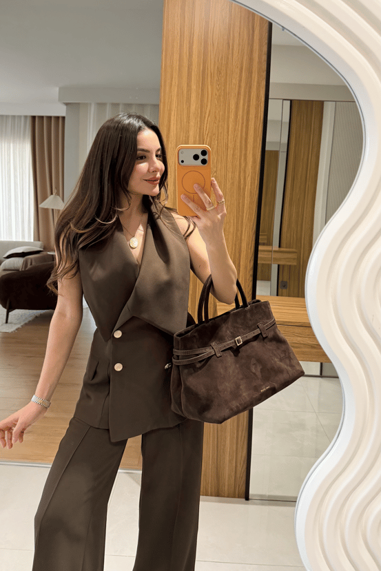 Plum Asymmetric Collar Gold Buttoned Vest and Trousers Set