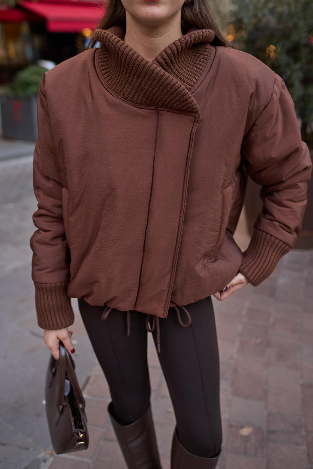 Coffee Brown Bomber Padded Jacket with Elastic Waistband and Drawstring
