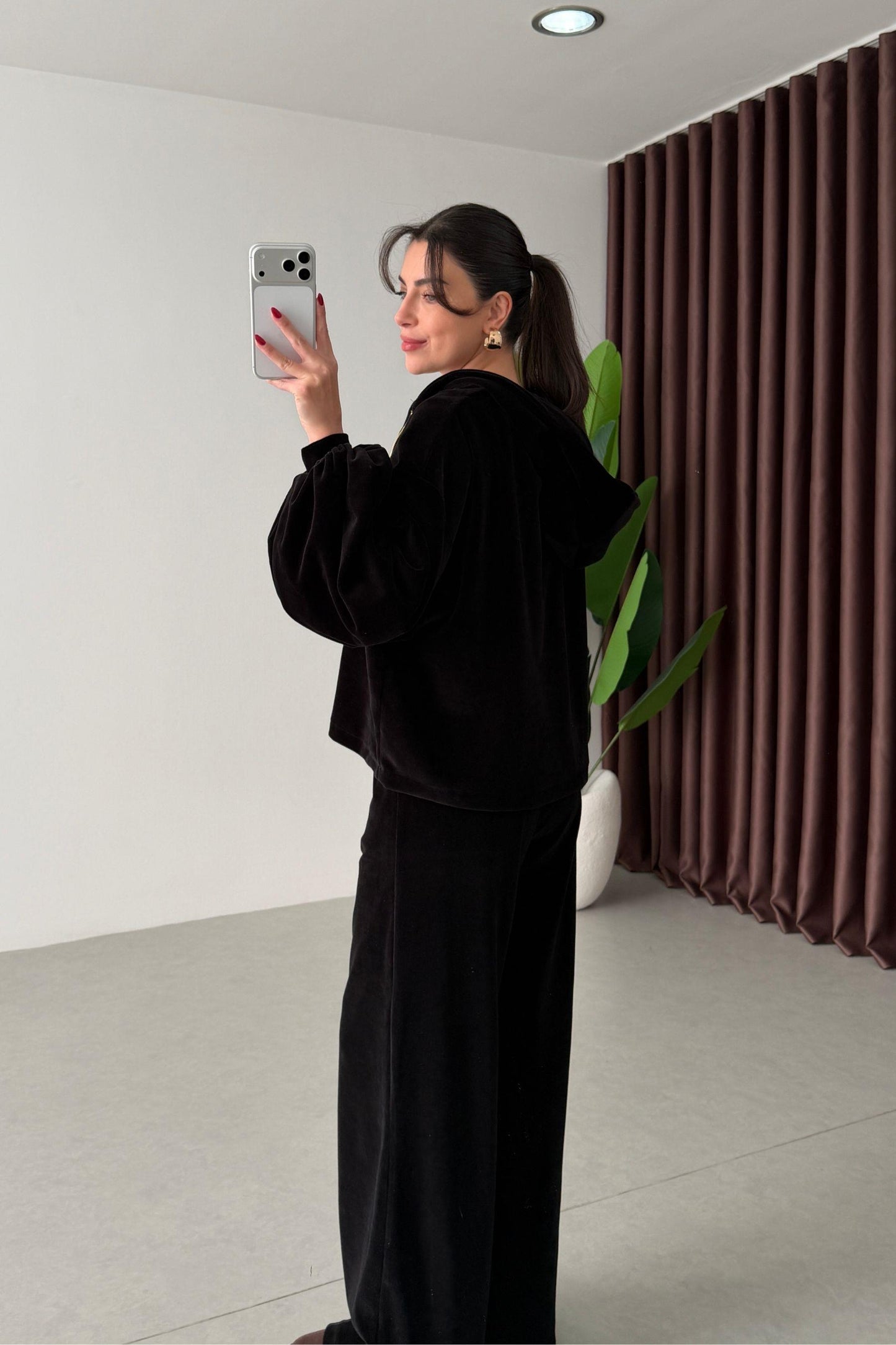 Black Velvet Textured Zip-Up Sweatshirt Bustier with wide leg pants co-ord set