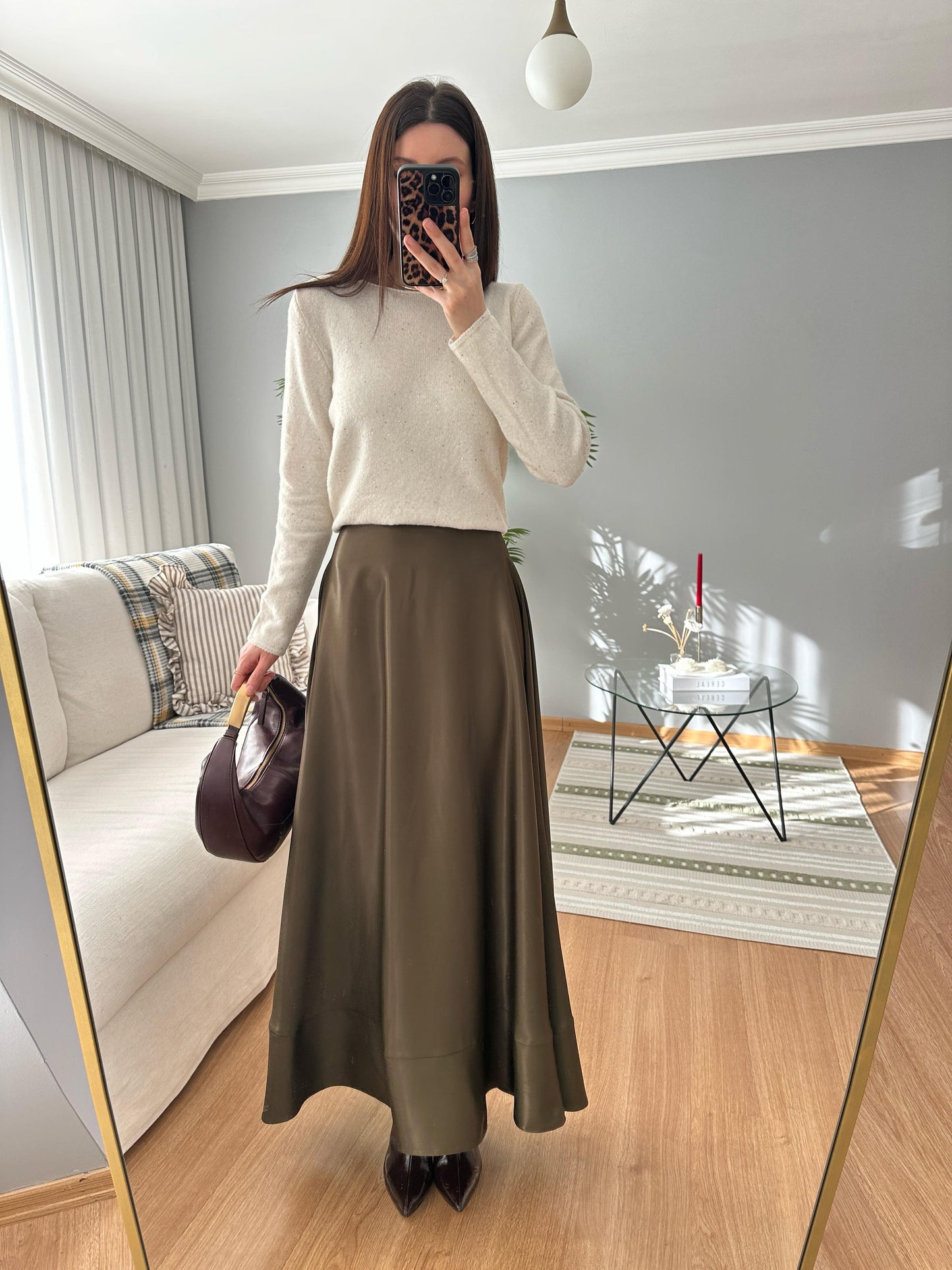 Premium Satin Textured Olive Green Skirt