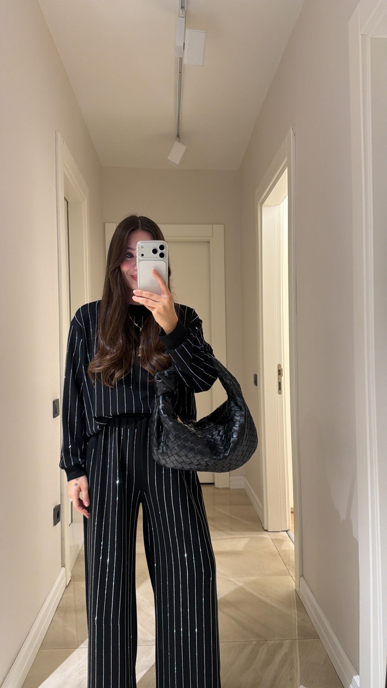 Black Stone oysho fabric Embellished Sweatshirt and Pants Set