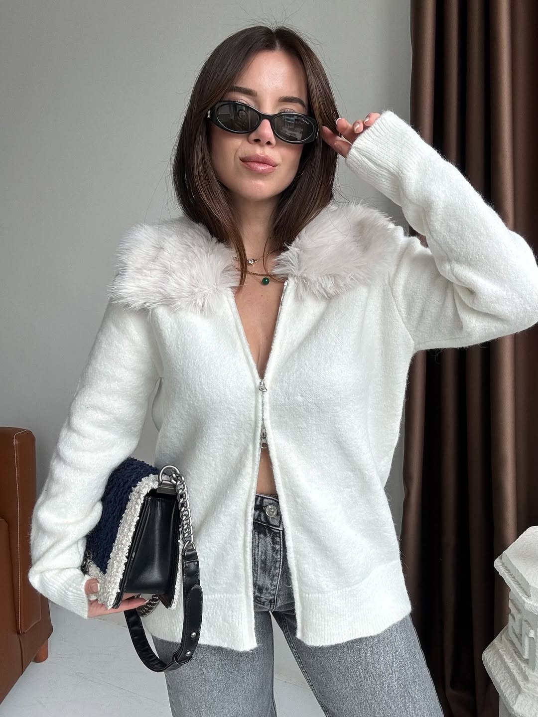 Off-white fur-trimmed double-zipper cardigan