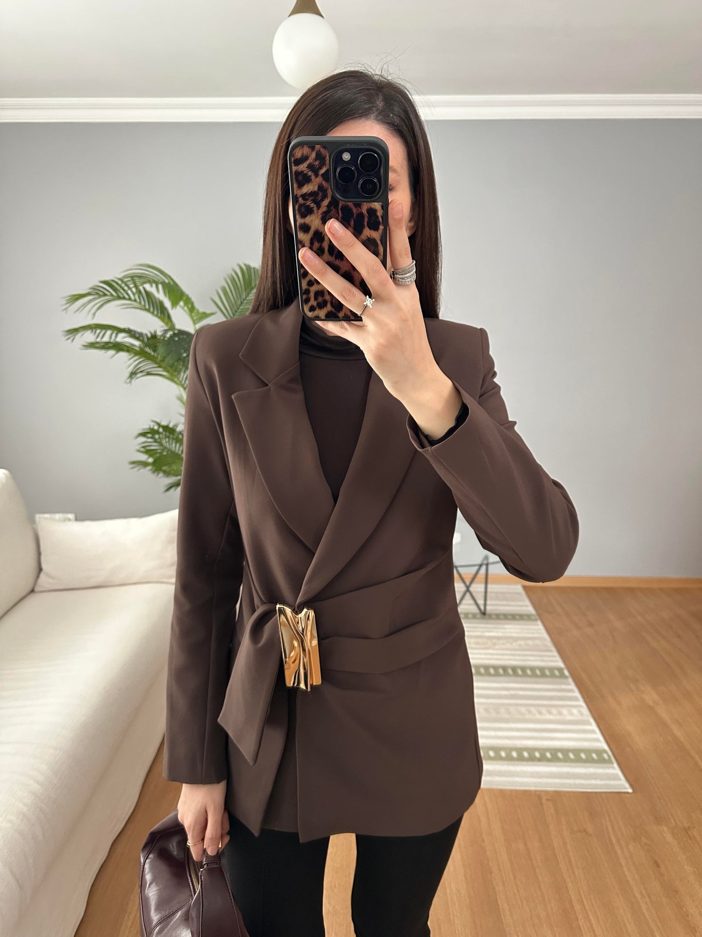 fitted waist a golden buckle detail double-breasted blazer front fastening with a hidden snap button and tie - brown