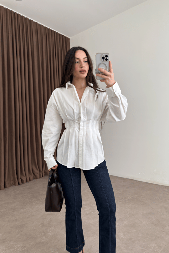 Zara Model Pleated Waist-Fit White Shirt