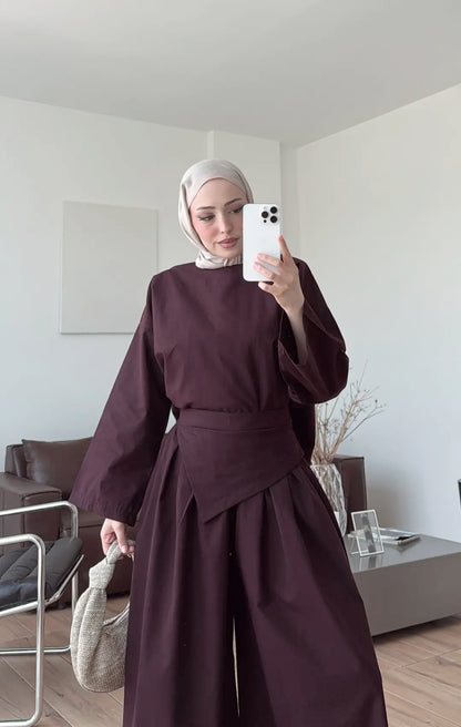 PIECE DETAILED LINEN SET - BURGUNDY